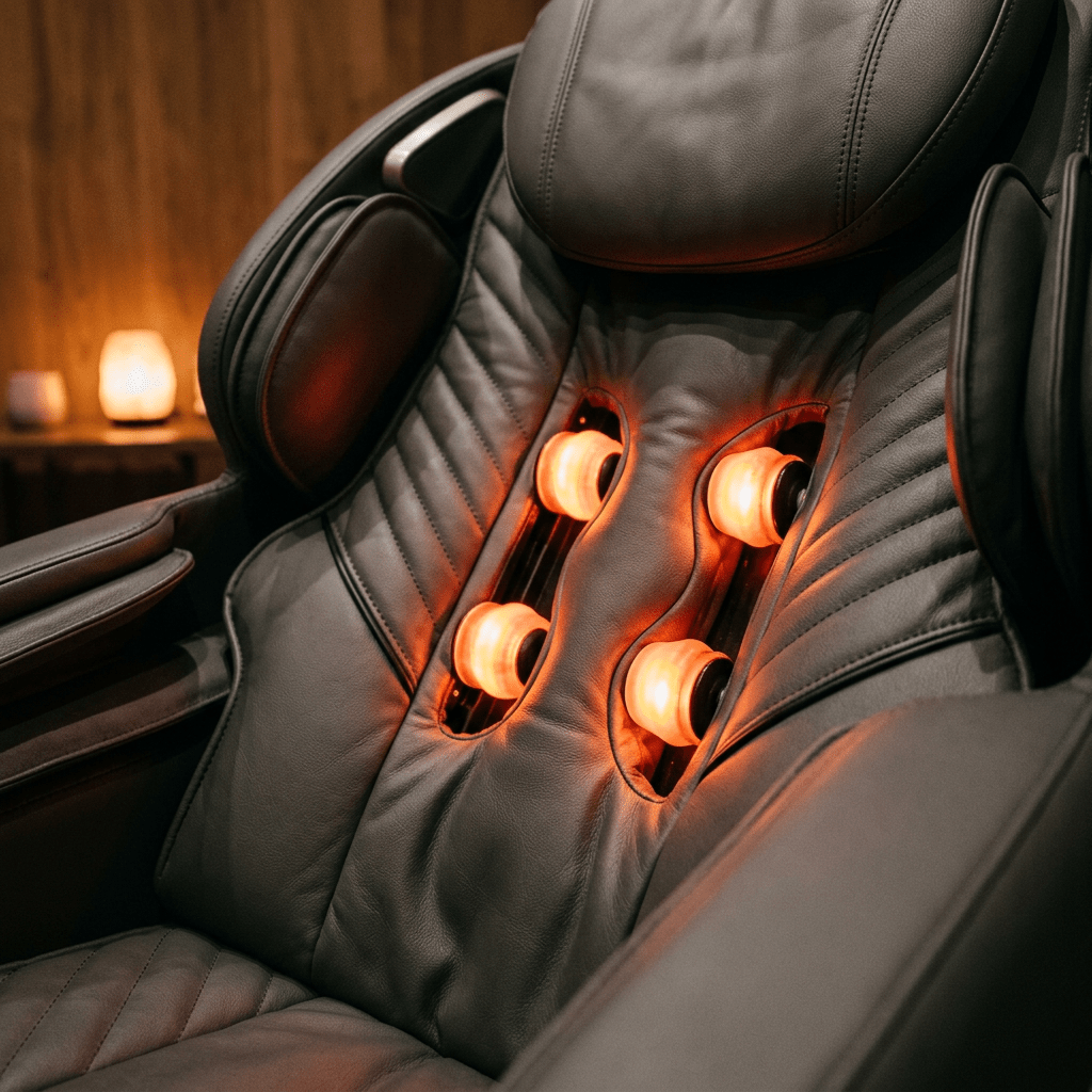 Heated massage rollers glowing orange inside a sleek black massage chair