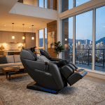 Woman reclining in a modern massage chair in a living room with large windows showing a city skyline